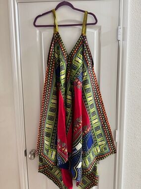 Vibrant Multicolor Boho Halter Dress with Gold Straps